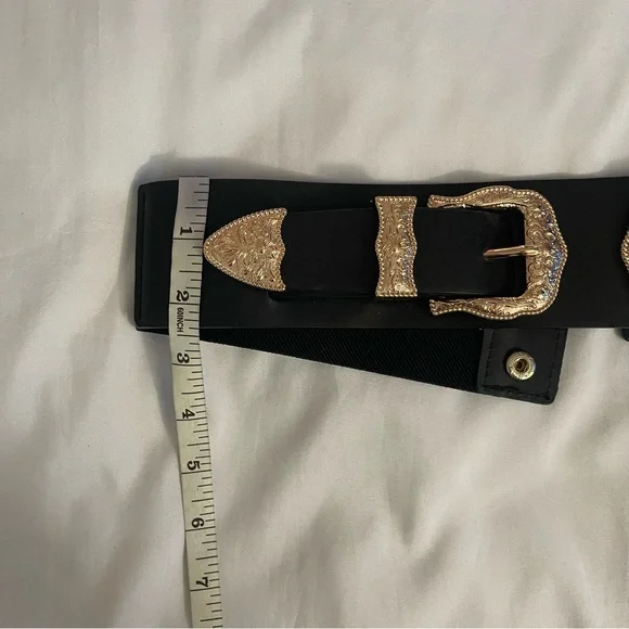 Black PU leather gold tone double buckleelastic waistband belt